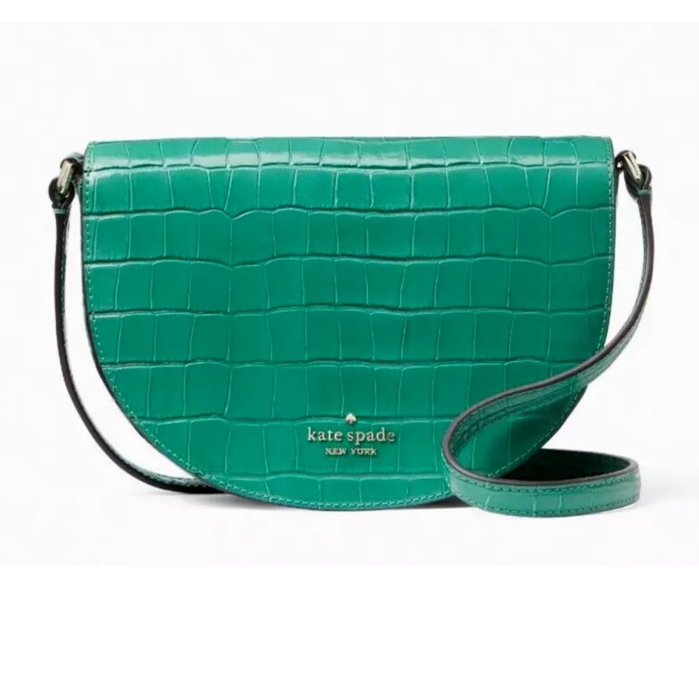 New Kate Spade Luna Crescent Crossbody Croco Embossed Leather Woodland Green